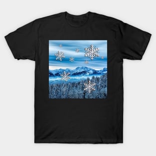 Winter Snowy Mountains, Pines & Graphic Snowflakes Cozy Home Decor & Gifts Graphic Design Snow T-Shirt